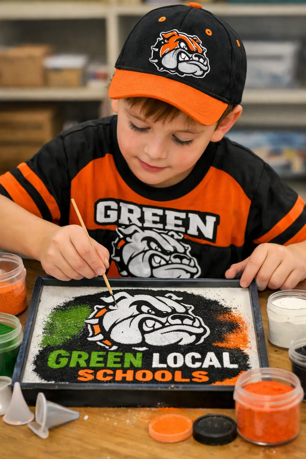 Children creating colorful sand art